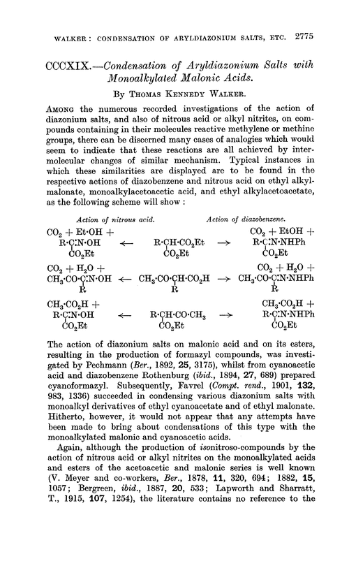 CCCXIX.—Condensation of aryldiazonium salts with monoalkylaled malonic acids