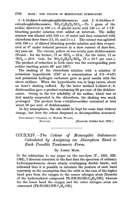 CCCXXIV.—The colour of monocyclic substances calculated by assigning an absorption band to each possible tautomeric form