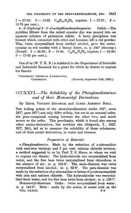 CCCXXVI.—The solubility of the phenylenediamines and of their monoacetyl derivatives