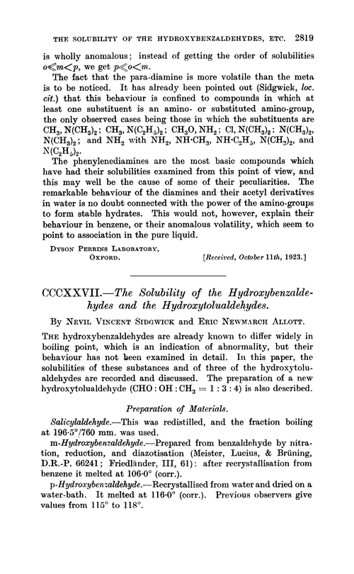 CCCXXVII.—The solubility of the hydroxybenzaldehydes and the hydroxytolualdehydes