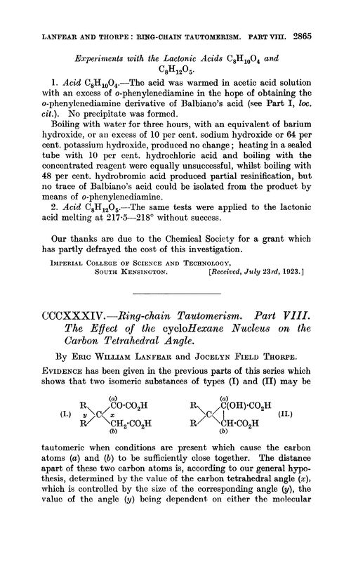 CCCXXXIV.—Ring-chain tautomerism. Part VIII. The effect of the cyclohexane nucleus on the carbon tetrahedral angle