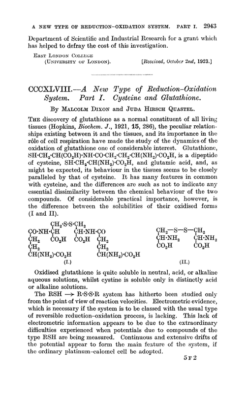 CCCXLVIII.—A new type of reduction–oxidation system. Part I. Cysteine and glutathione