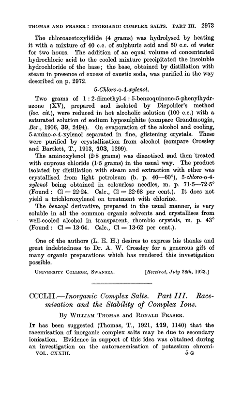 CCCLII.—Inorganic complex salts. Part III. Racemisation and the stability of complex ions