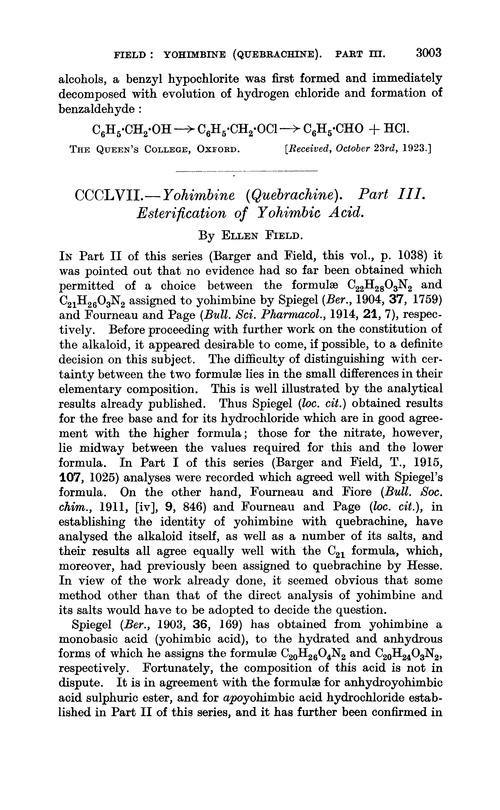 CCCLVII.—Yohimbine (quebrachine). Part III. Esterification of yohimbic acid