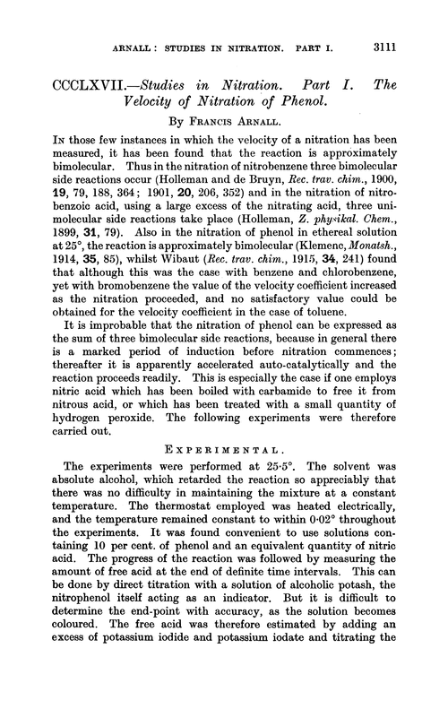 CCCLXVII.—Studies in nitration. Part I. The velocity of nitration of phenol