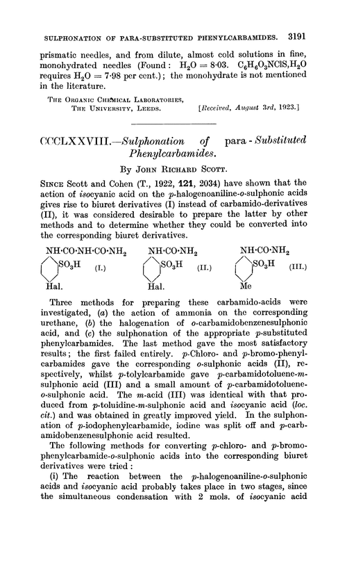 CCCLXXVIII.—Sulphonation of para-substituted phenylcarbamides