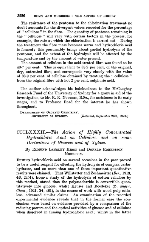 CCCLXXXII.—The action of highly concentrated hydrochloric acid on cellulose and on some derivatives of glucose and of xylose