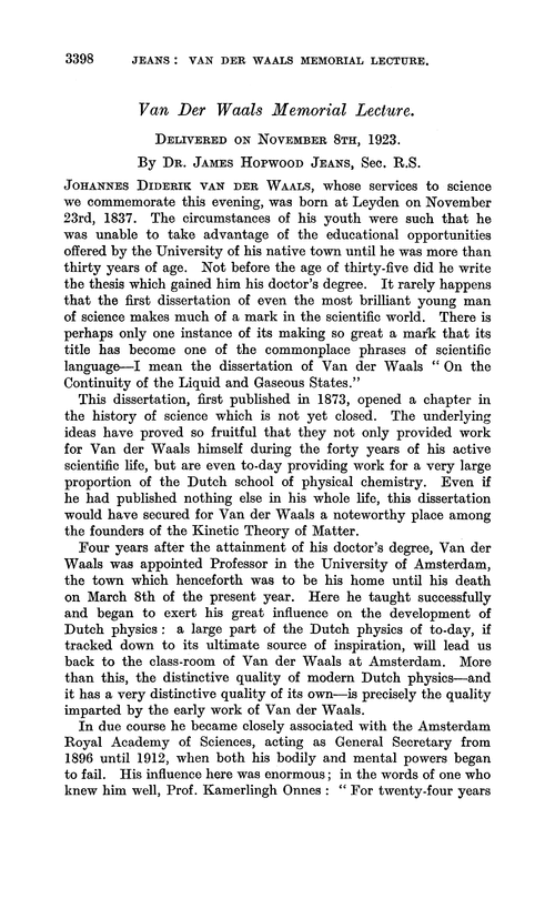 Van Der Waals memorial lecture