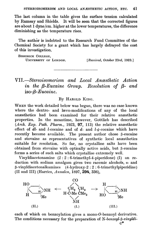 VII.—Stereoisomerism and local anœsthetic action in the β-eucaine group. Resolution of β- and iso-β-eucaine