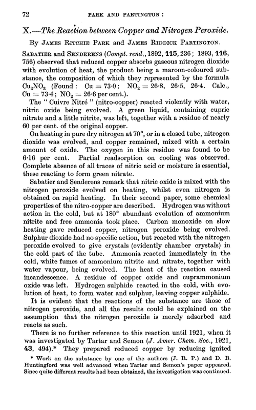 X.—The reaction between copper and nitrogen peroxide