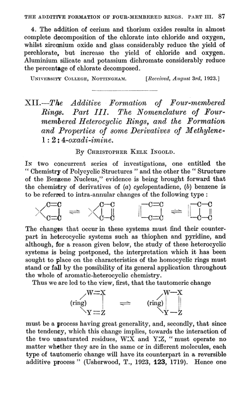 XII.—The additive formation of four-membered rings. Part III. The nomenclature of fourmembered heterocyclic rings, and the formation and properties of some derivatives of methylene-1 : 2 : 4-oxadi-imine
