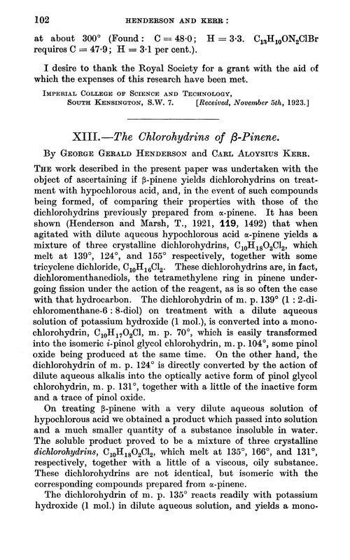 XIII.—The chlorohydrins of β-pinene