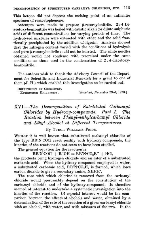 XVI.—The decomposition of substituted carbamyl chlorides by hydroxy-compounds. Part I. The reaction between phenylmethylcarbamyl chloride and ethyl alcohol at different temperatures