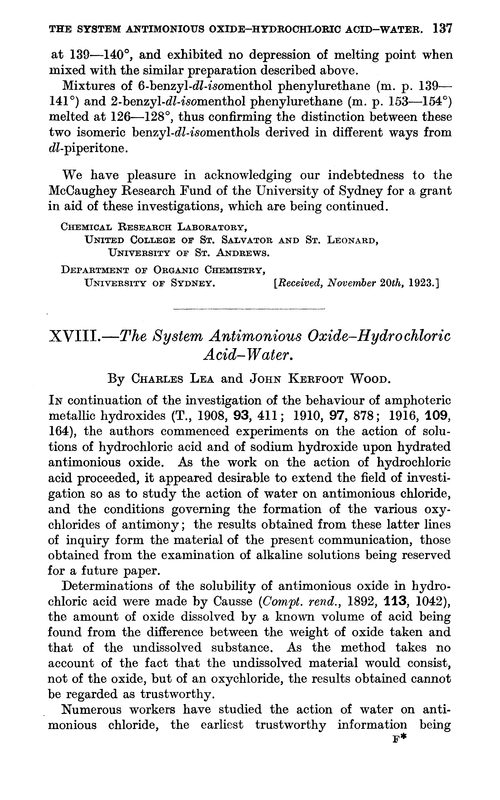 XVIII.—The system antimonious oxide–hydrochloric acid–water