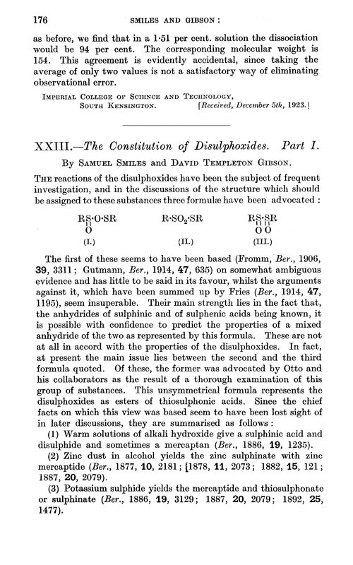 XXIII.—The constitution of disulphoxides. Part I