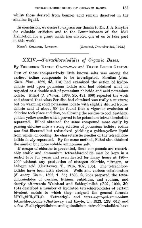 XXIV.—Tetrachloroiodides of organic bases
