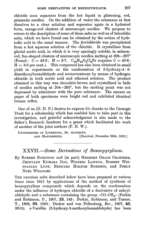 XXVII.—Some derivatives of benzopyrylium