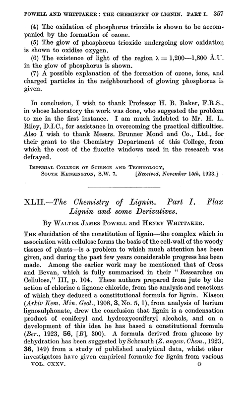 XLII.—The chemistry of lignin. Part I. Flax lignin and some derivatives