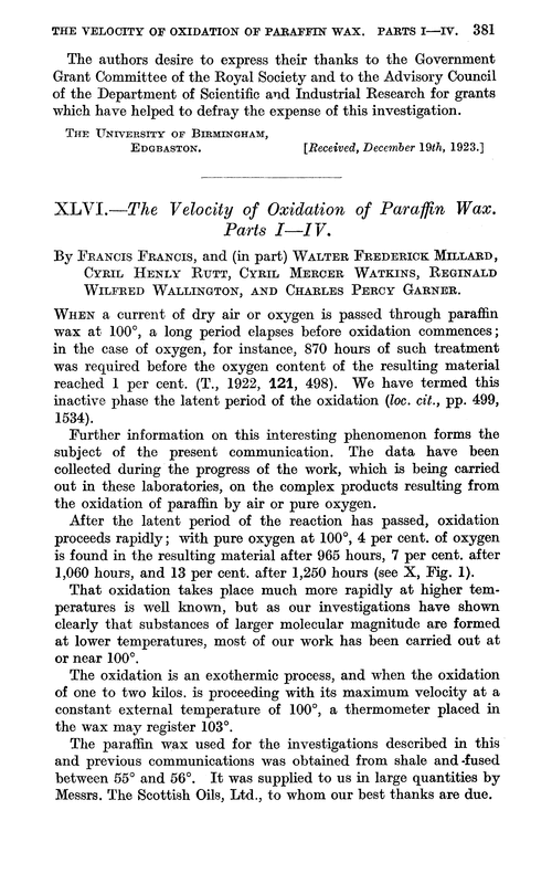 XLVI.—The velocity of oxidation of paraffin wax. Parts I—IV