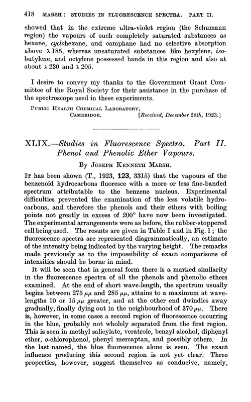 XLIX.—Studies in fluorescence spectra. Part II. Phenol and phenolic ether vapours