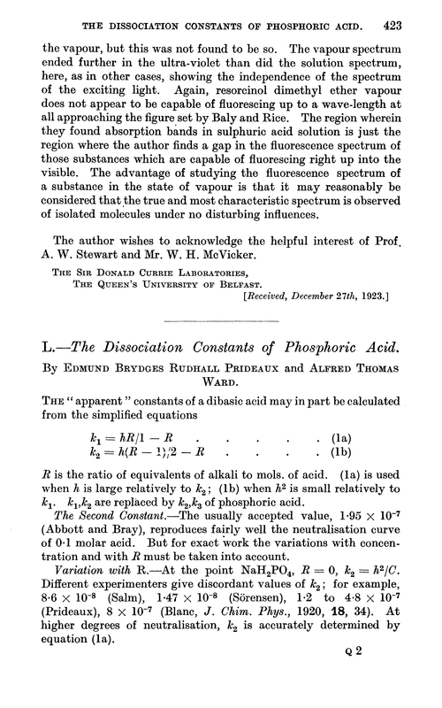 L.—The dissociation constants of phosphoric acid
