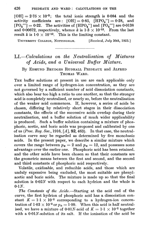 LI.—Calculations on the neutralisation of mixtures of acids, and a universal buffer mixture