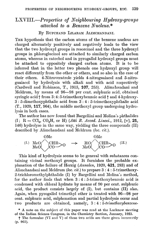 LXVIII.—Properties of neighbouring hydroxy-groups attached to a benzene nucleus