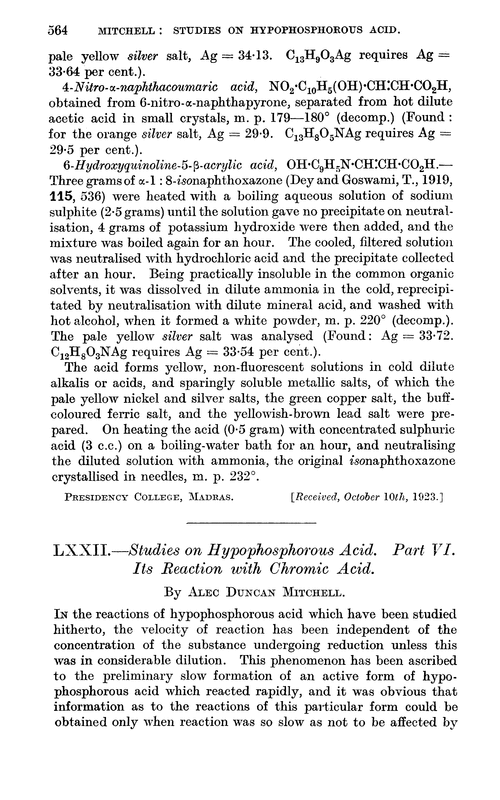 LXXII.—Studies on hypophosphorous acid. Part VI. Its reaction with chromic acid