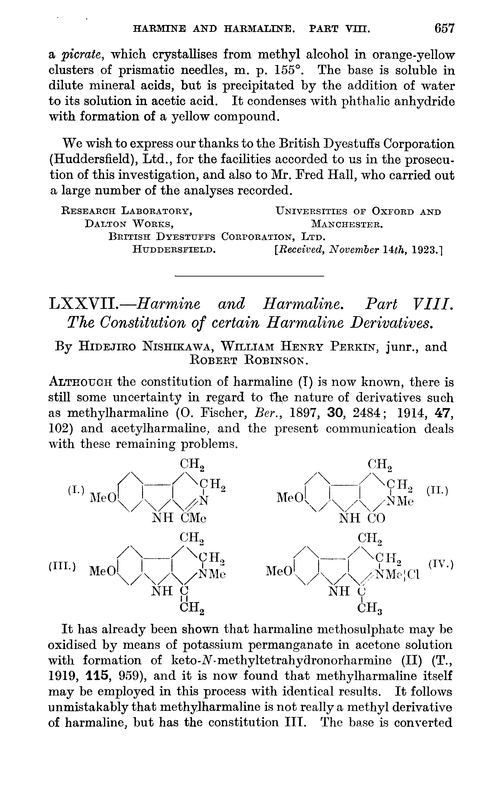 LXXVII.—Harmine and harmaline. Part VIII. The constitution of certain harmaline derivatives