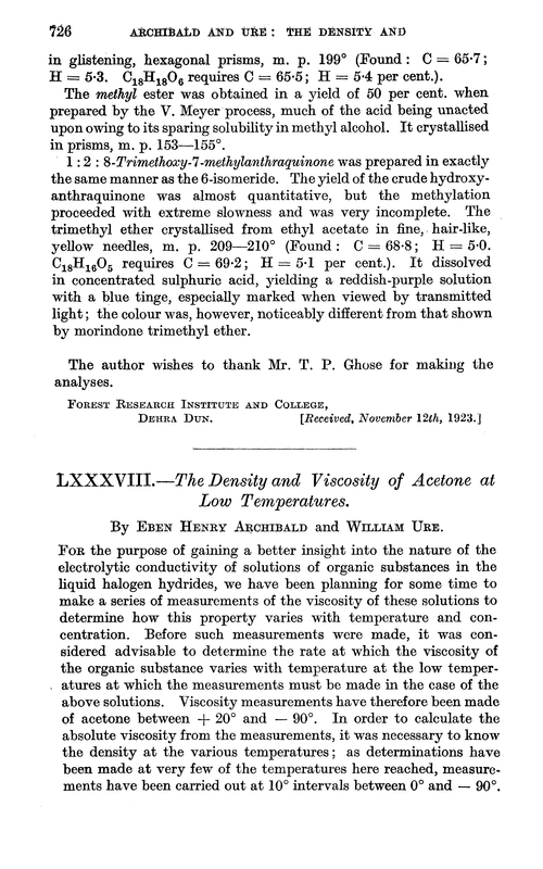 LXXXVIII.—The density and viscosity of acetone at low temperatures