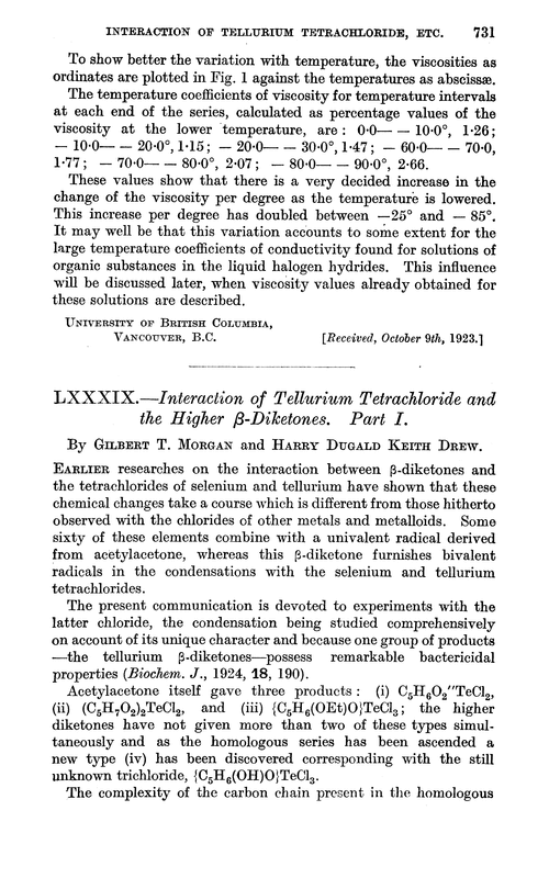 LXXXIX.—Interaction of tellurium tetrachloride and the higher β-diketones. Part I