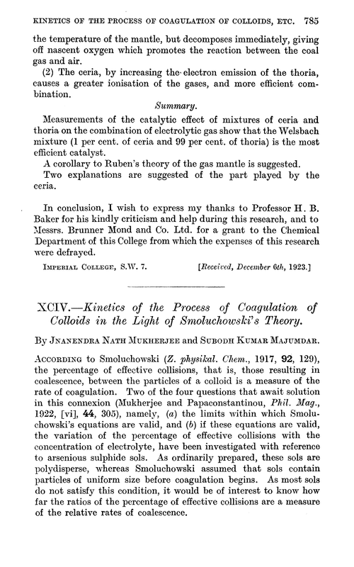 XCIV.—Kinetics of the process of coagulation of colloids in the light of Smoluchowski's theory