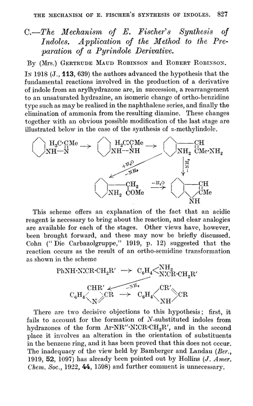 C.—The mechanism of E. Fischer's synthesis of indoles. Application of the method to the preparation of a pyrindole derivative