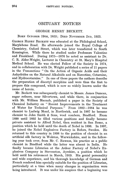 Obituary notices: George Henry Beckett, 1855–1923; Frank Clowes, 1848–1923; John Allen Harker, 1870–1923; Herbert McLeod, 1841–1923; John Edward Stead, 1851–1923; Dudley Cloete Vining, 1896–1924
