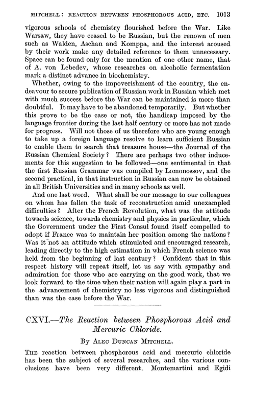 CXVI.—The reaction between phosphorous acid and mercuric chloride