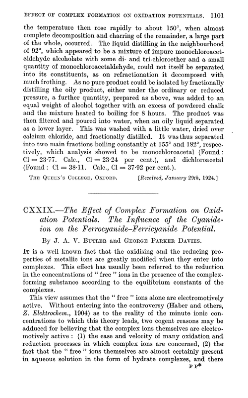 CXXIX.—The effect of complex formation on oxidation potentials. The influence of the cyanideion on the ferrocyanide-ferricyanide potential