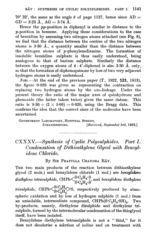 CXXXV.—Synthesis of cyclic polysulphides. Part I. Condensation of dithioethylene glycol with benzylidene chloride