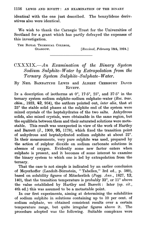 CXXXIX.—An examination of the binary system sodium sulphite–water by extrapolation from the ternary system sulphite–sulphate–water