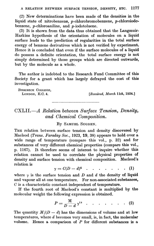 CXLII.—A relation between surface tension, density, and chemical composition