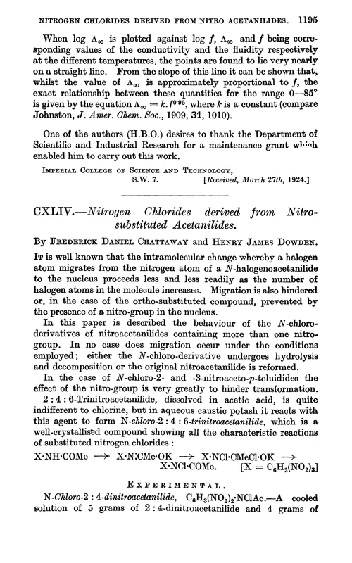 CXLIV.—Nitrogen chlorides derived from nitrosubstituted acetanilides