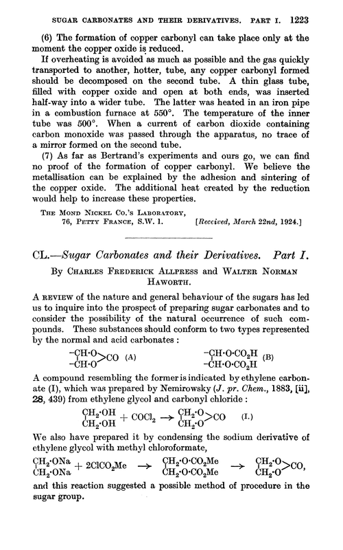 CL.—Sugar carbonates and their derivatives. Part I