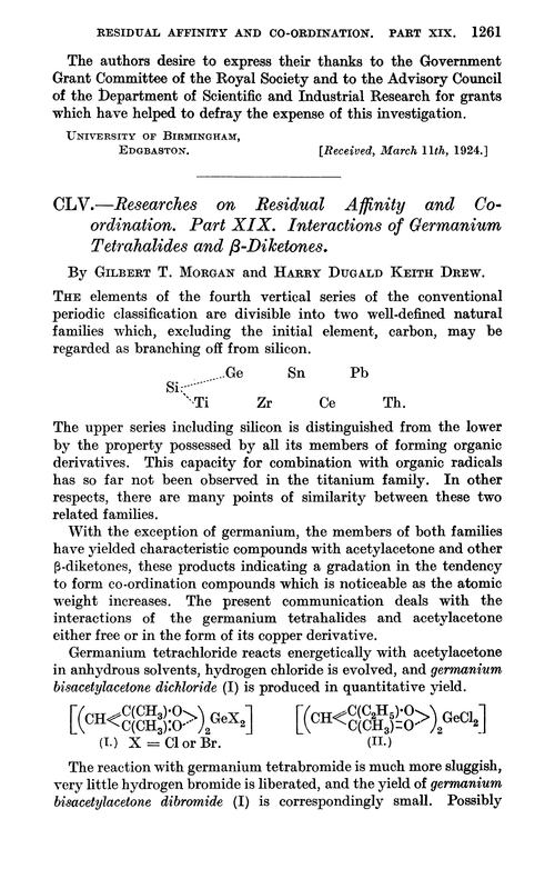 CLV.—Researches on residual affinity and co-ordination. Part XIX. Interactions of germanium tetrahalides and β-diketones