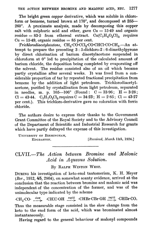 CLVII.—The action between bromine and malonic acid in aqueous solution