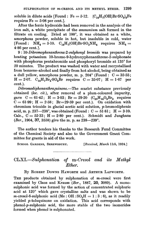 CLXI.—Sulphonation of m-cresol and its methyl ether
