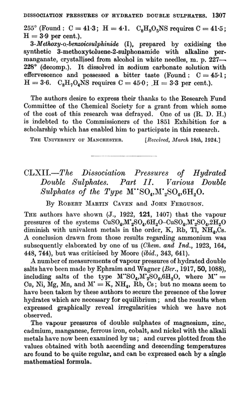 CLXII.—The dissociation pressures of hydrated double sulphates. Part II. Various double sulphates of the type M˙˙SO4,M˙2SO4,6H2O