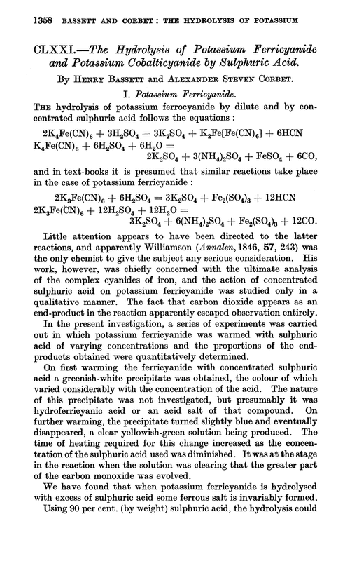 CLXXI.—The hydrolysis of potassium ferricyanide and potassium cobalticyanide by sulphuric acid