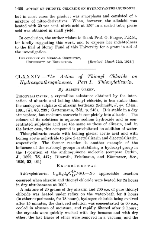 CLXXXIV.—The action of thionyl chloride on hydroxyanthraquinones. Part I. Thionylalizarin