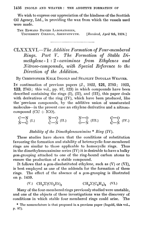 CLXXXVI.—The additive formation of four-membered rings. Part V. The formation of stable dimethylene - 1 : 2 - oxaimines from ethylenes and nitroso-compounds, with special reference to the direction of the addition
