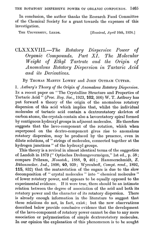 CLXXXVIII.—The rotatory dispersive power of organic compounds. Part XI. The molecular weight of ethyl tartrate and the origin of anomalous rotatory dispersion in tartaric acid and its derivatives