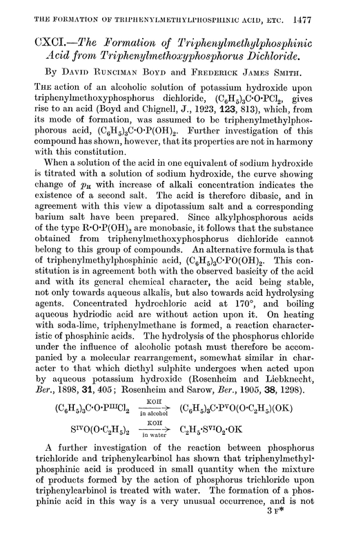 CXCI.—The formation of triphenylmethylphosphinic acid from triphenylmethoxyphosphorus dichloride